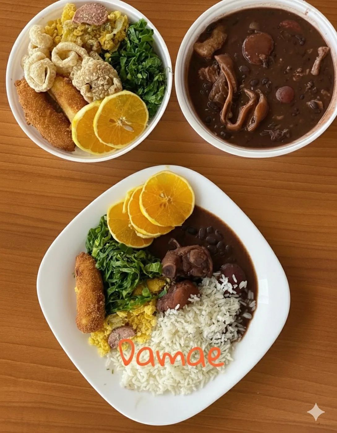 Prato de feijoada com arroz, couve e laranja